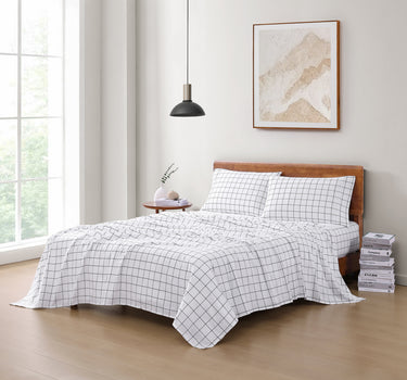 100% Organic Washed Cotton Sheet Set - Windowpane Charcoal